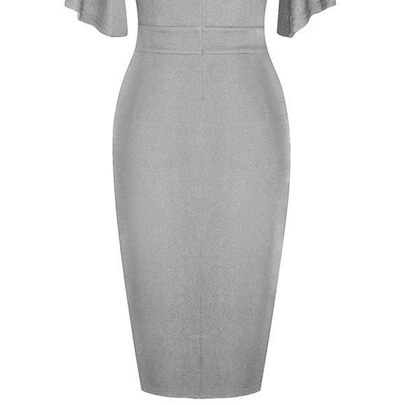 Notched Neck Flutter Sleeve Pencil Dress - Picture 7 of 7